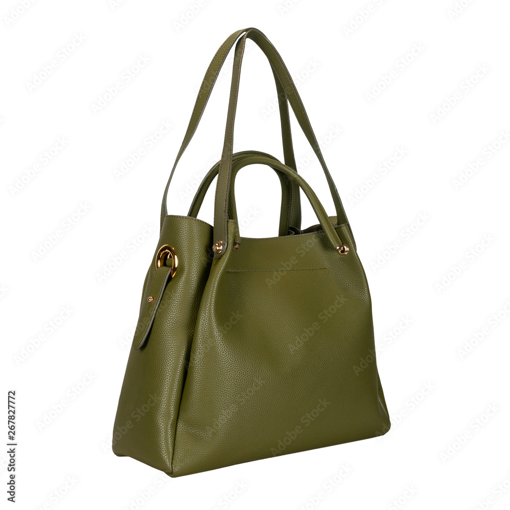 Dark green women bag with long handles on a white background. Side view