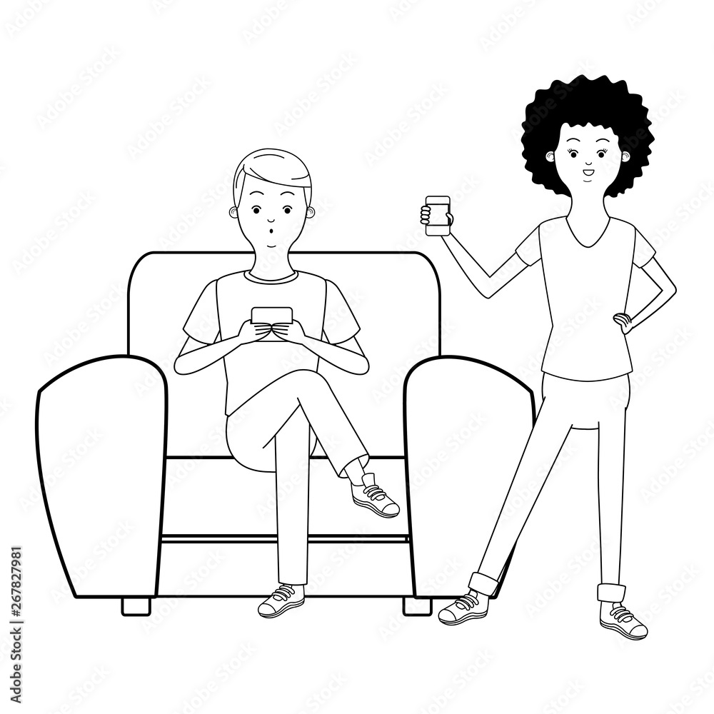 Millennial couple cartoon in black and white