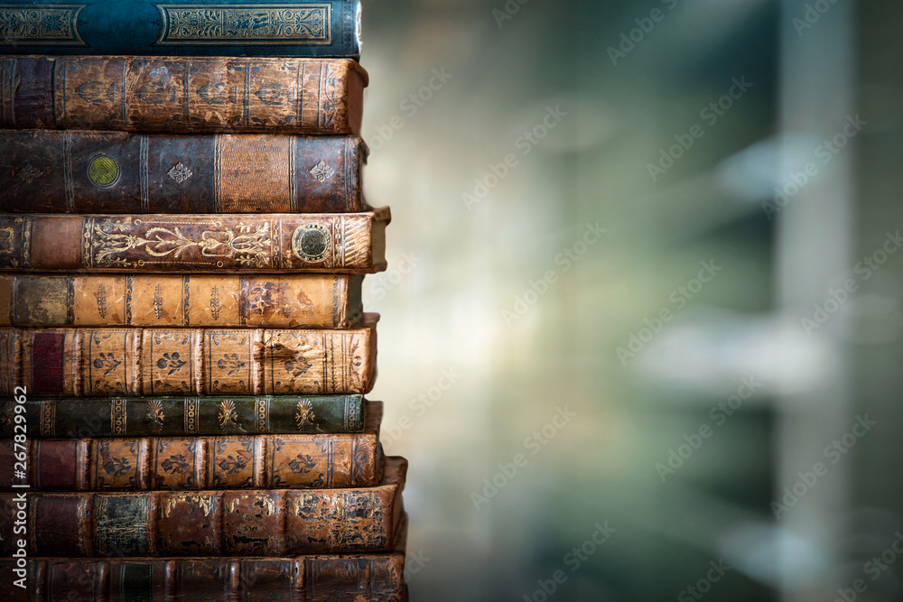 Vintage books in the library on the background of the bookcase. A good  background for design on the theme of science, education, history. Stock  Photo | Adobe Stock