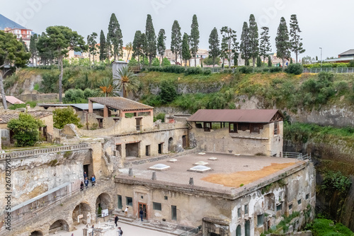 Herculaneum, Campania, Italy - April 21, 2019: The remains of Herculaneum after the eruption of Vesuvius in 79 AD