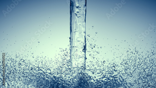 Clean water pouring with splashes, 3d render