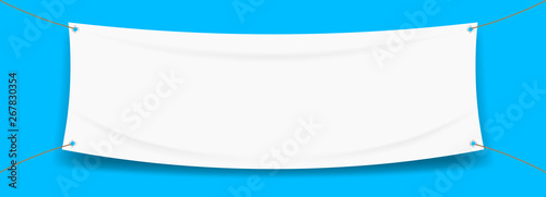 vinyl banner blank white isolated on blue backgrounds, white mock up textile fabric empty for banner advertising stand hanging, indoor outdoor fabric mesh vinyl backdrop for presentation frame poster