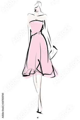 Fashion sketch. Elegant young woman, model. Female silhouette in dress  