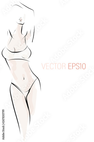 Young sexy woman, girl, model in lingerie. Slim female body. Hand-drawn illustration, vector