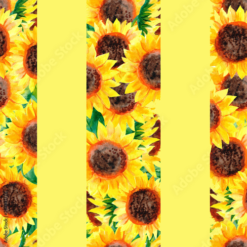 Striped bright summer seamless pattern with watercolor sunflowers and leaves. Illustration on a light yellow background. Love summer.