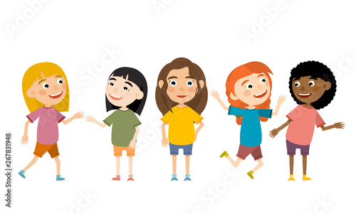 Five cheerful laughing girls in various poses. Children from Europe, America, Africa and Asia. Vector illustration
