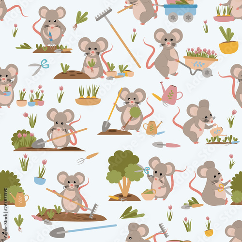 Seamless pattern. Mouse gardening plants, weed beds, watering seedlings, pruning bushes and trees, working in the garden. Set of cute animals. Vector illustration. 2020