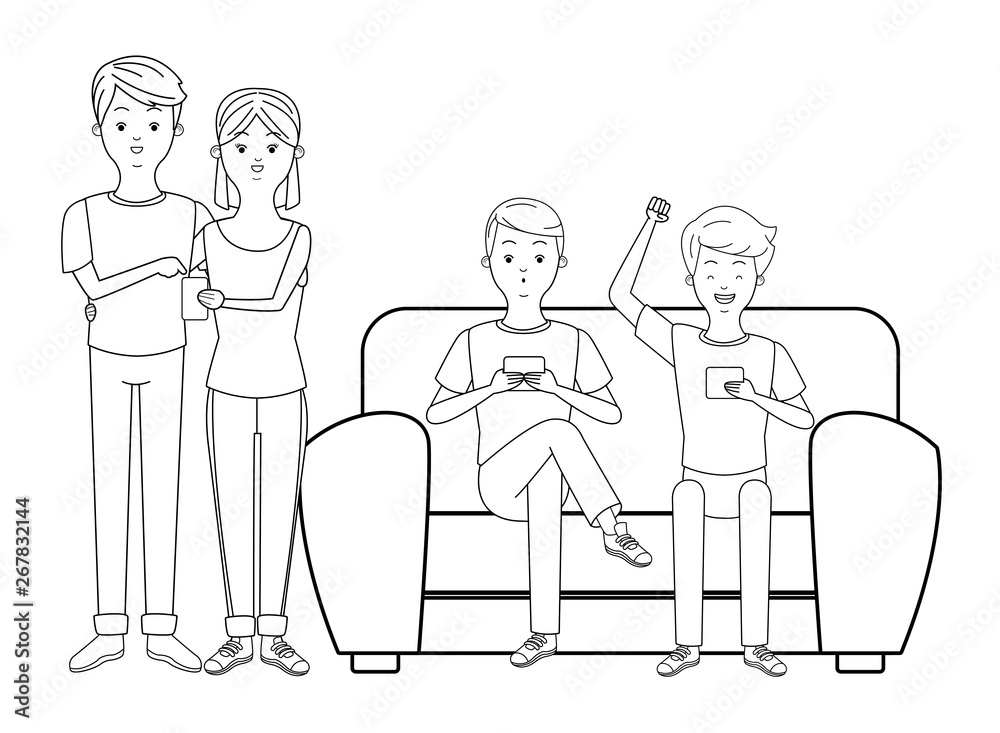 Millennials and smartphones cartoons in black and white Millennials and smartphones cartoons in black and white