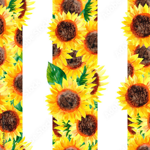 Striped bright summer seamless pattern with watercolor sunflowers and leaves. Illustration on a white background. Love summer.