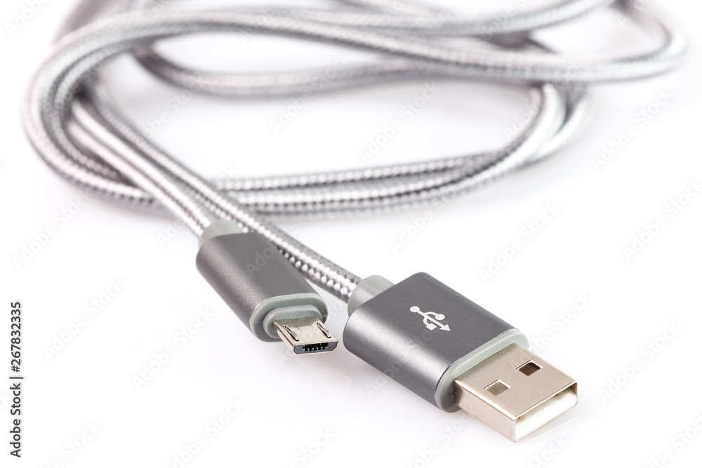 USB Data & Power Cable isolated on White Background. Close up USB Data & Power Cable isolated on White Background. Close up