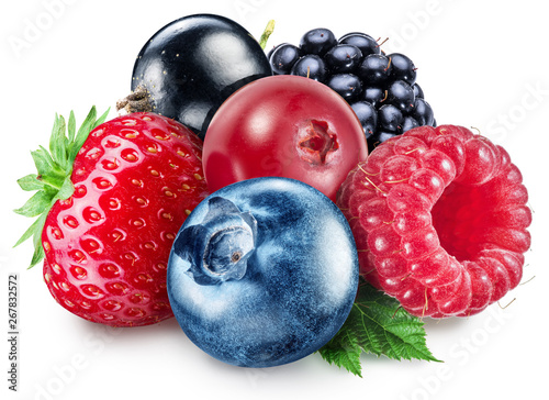 Colorful group of mixed berries with leaves on white background. Clipping path. photo