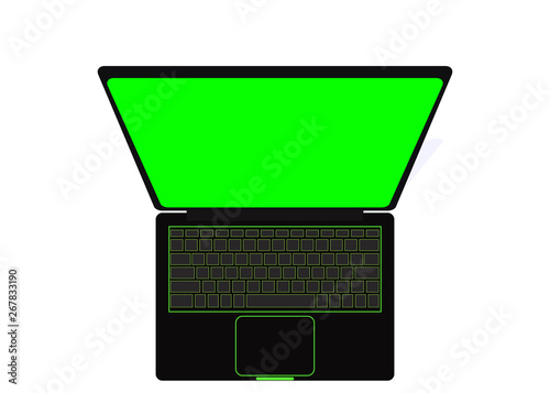 High angle view of an open laptop with green screen 