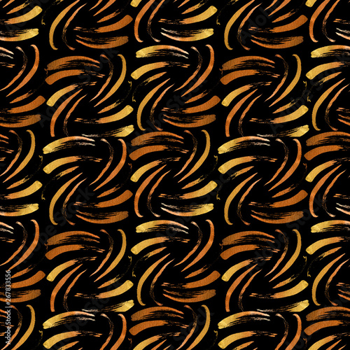 Seamless abstract pattern with watercolor splashes, hand-painted brush strokes on black background. Abstract seamless pattern with golden shade watercolor splashes