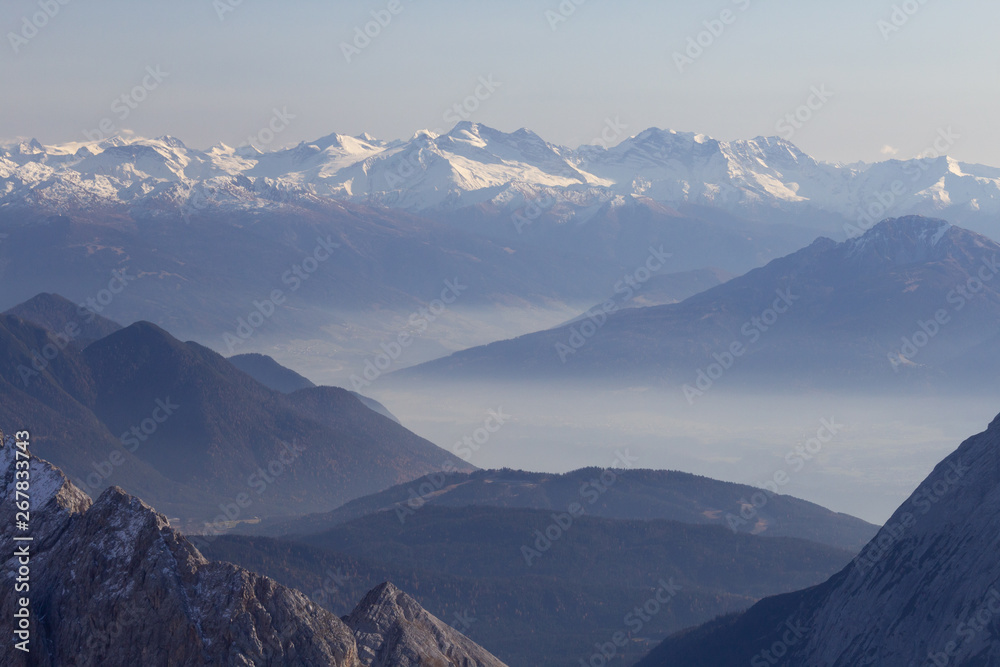 The view from the peak of Zugspitze, Germany, in late Autumn