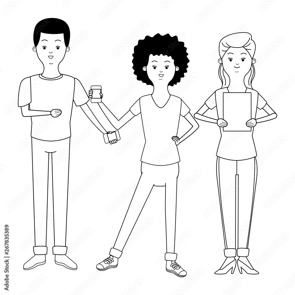 Millennials and smartphones cartoons in black and white