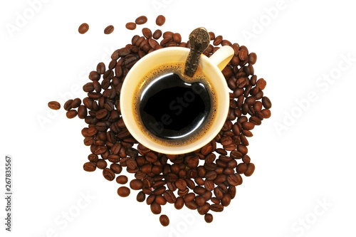 mug and coffee beans on white isolated background
