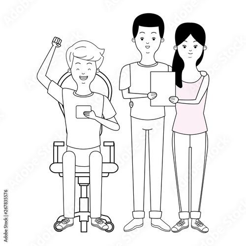 Millennials and smartphones cartoons in black and white