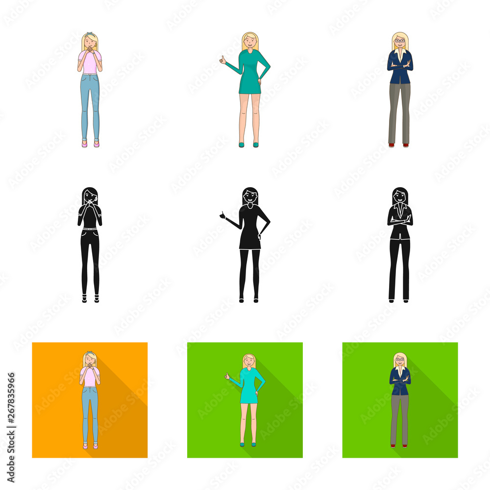 Isolated object of posture and mood logo. Set of posture and female vector icon for stock. Isolated object of posture and mood logo. Set of posture and female vector icon for stock.