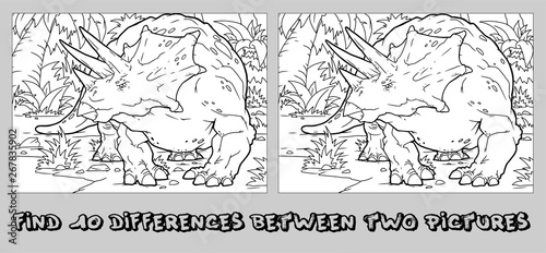 Find the ten differences between the two pictures and Coloring page. Funny cartoon Dinosaur. Puzzle for kids. Hand drawn image. Eps 10