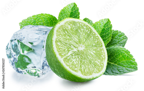 Lime slice, mint leaves and ice cube isolated on the white background.