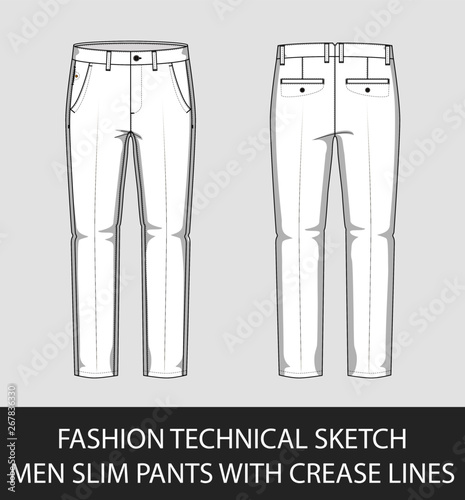 Fashion technical sketch men slim pants with crease lines