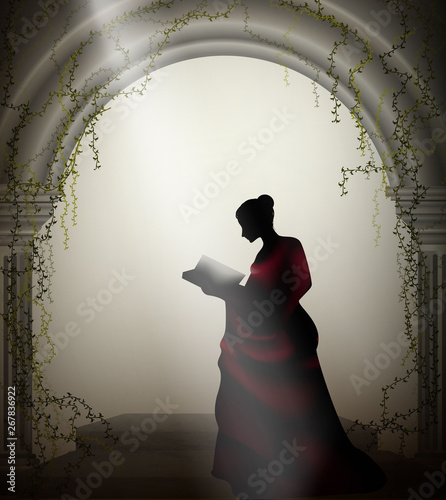 girl in red dress reads book in the Renaissance castle, romantic reading,