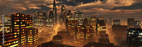 Photography Night city ,, modern high-rise buildings in the evening in the fog under the sky