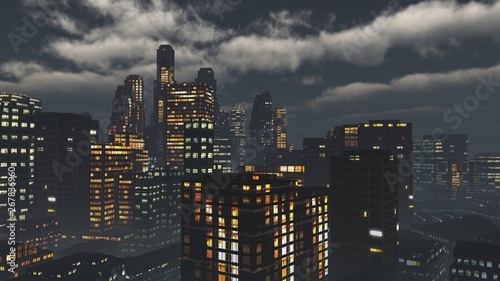 Photography Night city ,, modern high-rise buildings in the evening in the fog under the sky