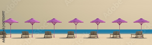 Beach. Summer heat. Chaise lounges with pink awnings along sea.