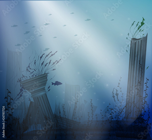 underwater landscape with ancient ruins of columns with beams of light, secret of Atlantis,