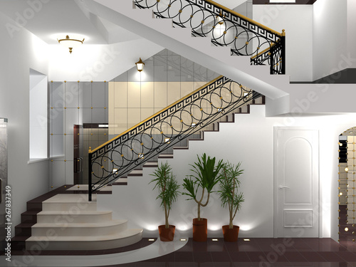 Interior with cast iron fence of classical style. 3d rendering.