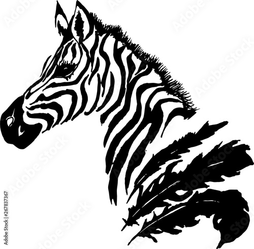 Black white illustration of a psychedelic zebra with feathers. Tattoo idea.