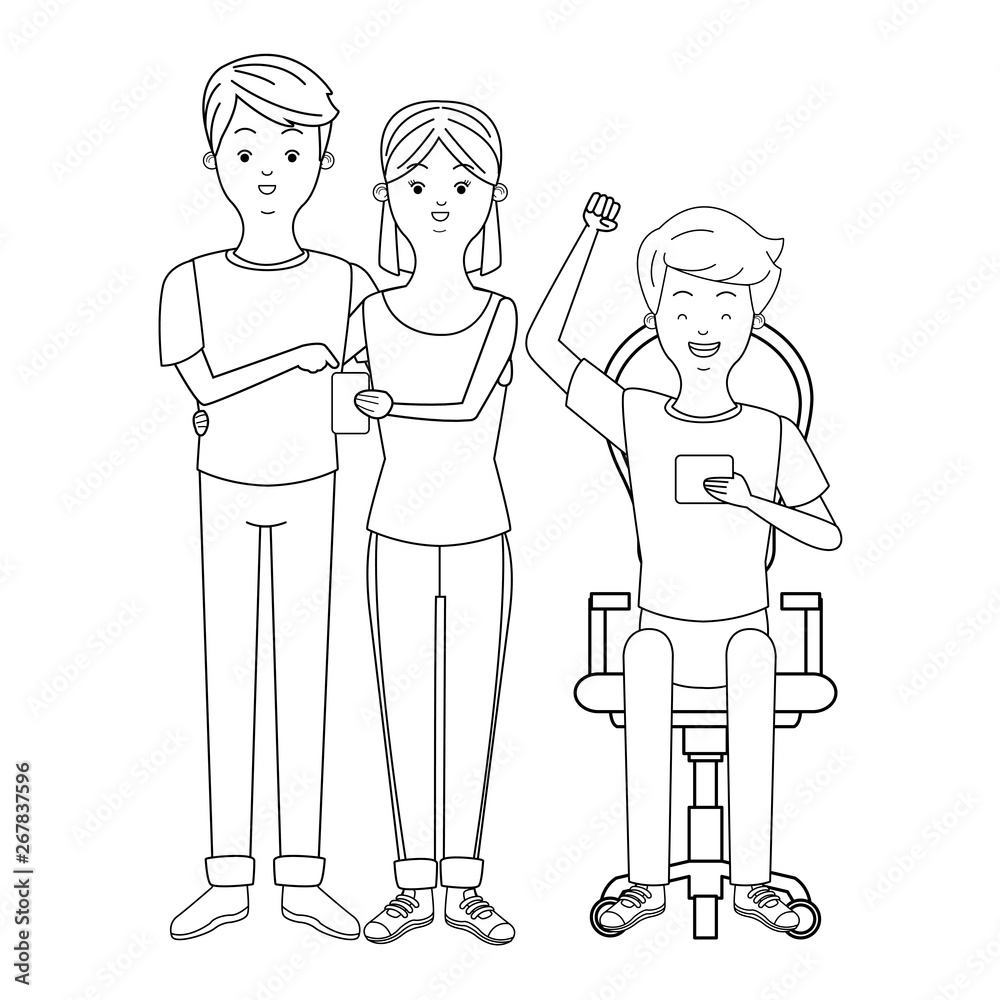 Millennials and smartphones cartoons in black and white Millennials and smartphones cartoons in black and white