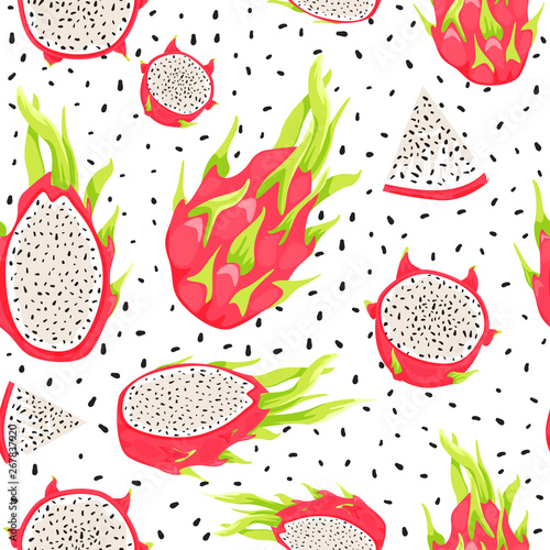 Seamless tropical pattern with dragon fruits, fruit seeds and pitahaya slices. Healthy eating. Vector texture for textile, postcard, wrapping paper, packaging etc. Vector illustration.