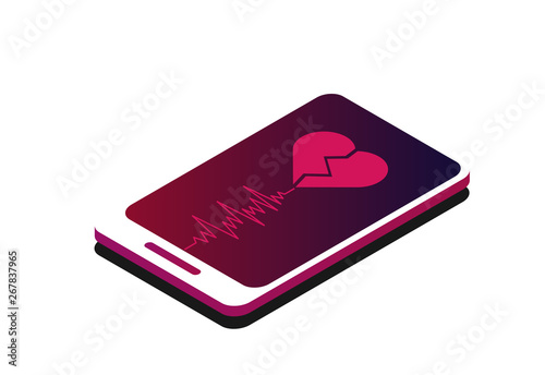 Isometric phone and a broken heart. Like in social networks. Dating on the Internet. Smartphone and approval. Cardiogram.