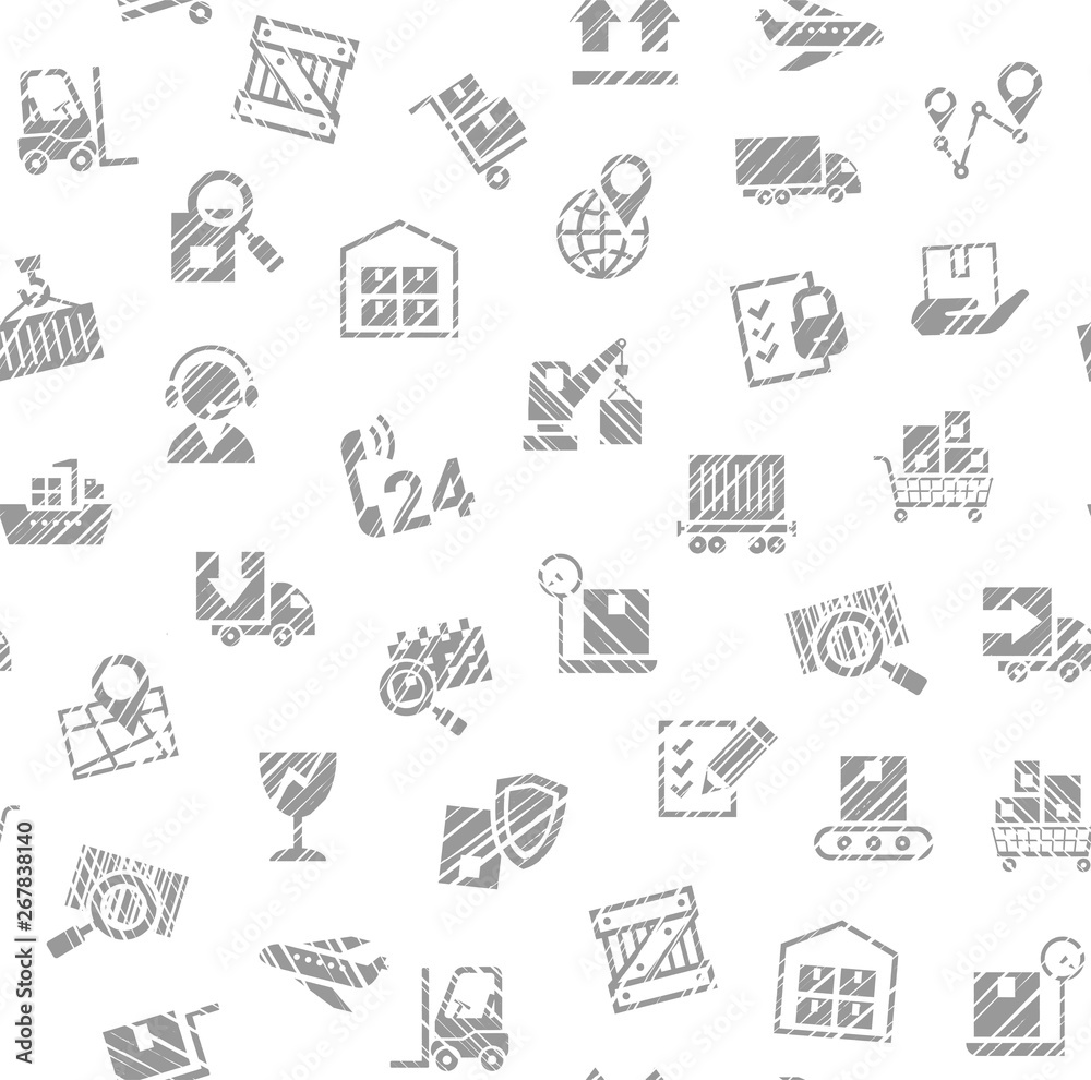 Delivery of goods, seamless pattern, single color, shading pencil, icons, white, vector. Cargo transportation and delivery of goods. Vector flat seamless pattern. Imitation of pencil hatching. Delivery of goods, seamless pattern, single color, shading pencil, icons, white, vector. Cargo transportation and delivery of goods. Vector flat seamless pattern. Imitation of pencil hatching.