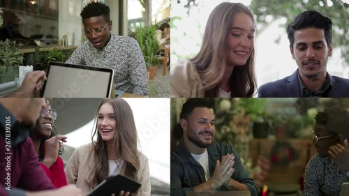 Collage of young people of different races sitting outside and in cafe, having nice talk, googling on phone place to go, discussing, gesticulating. Leisure, lifestyle concept