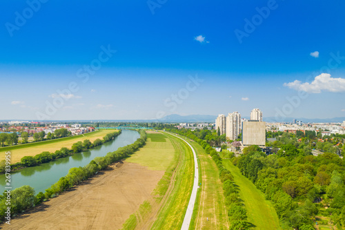 agreb, Croatia, Sava river from air, city skyline photo