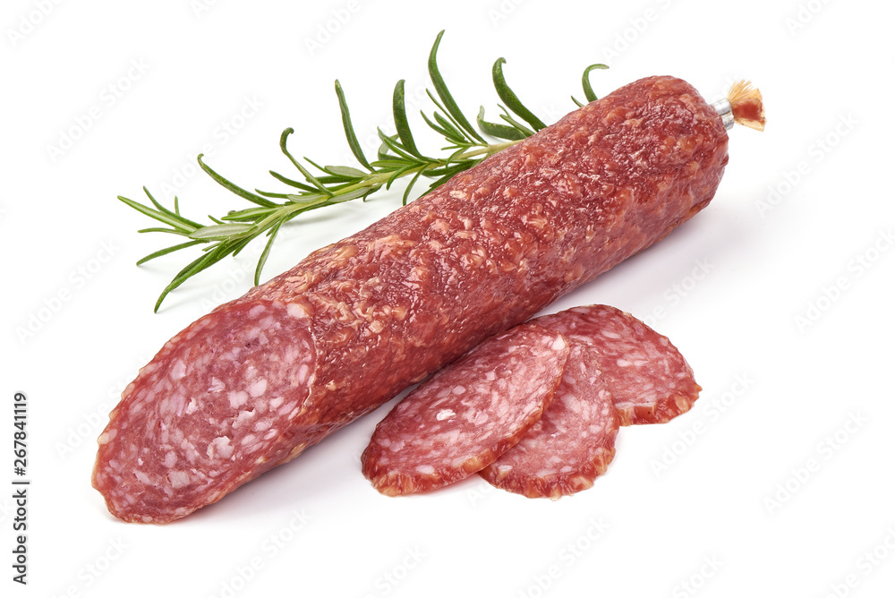 Dry sausage or salami with rosemary, close-up, isolated on white background Dry sausage or salami with rosemary, close-up, isolated on white background