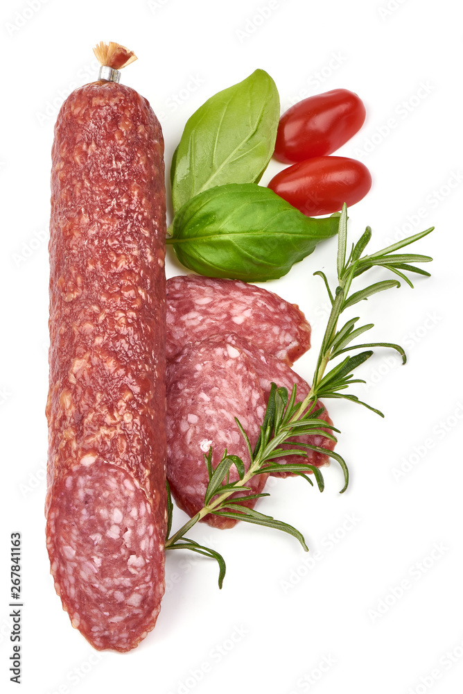 Smoked salami sausage with basil, dried meat, top view, isolated on white background Smoked salami sausage with basil, dried meat, top view, isolated on white background