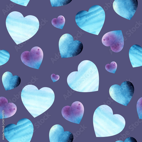 Wallpaper Mural illustration of watercolor blue hearts pattern on violet purple background for the design of wallpaper, posters, cards and banners Torontodigital.ca