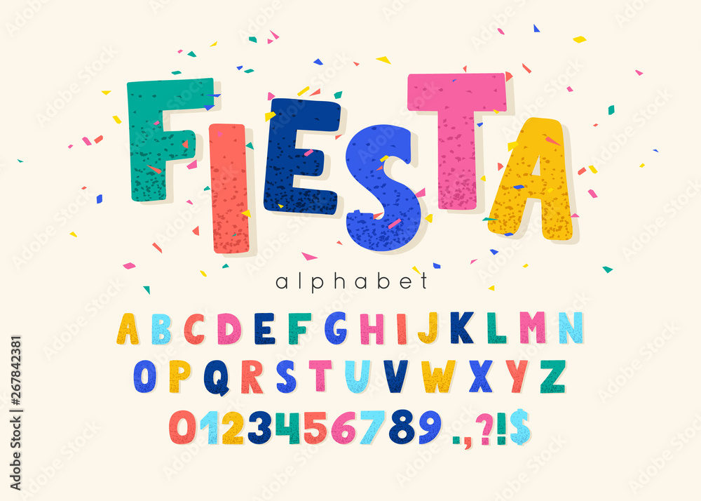 Vector font and alphabet. Abc, english letters and numbers. Fiesta - obrazy, fototapety, plakaty 