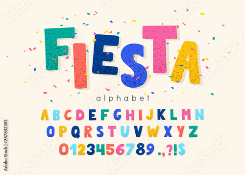 Vector font and alphabet. Abc, english letters and numbers. Fiesta