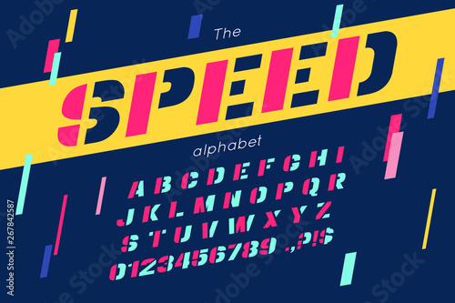 Vector speed font and alphabet. Abc, english letters and numbers