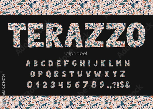 Vector terrazzo font and alphabet. Abc, english letters and numbers