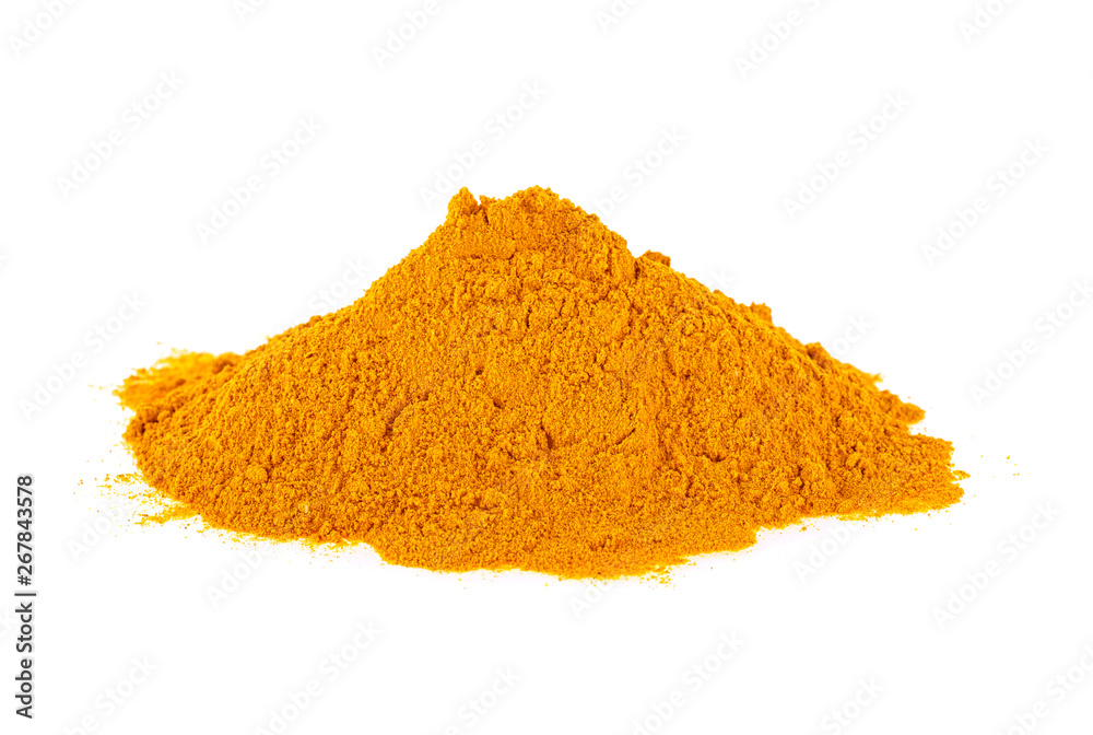 Turmeric (Curcuma) powder isolated on white background. Curry powder. Turmeric (Curcuma) powder isolated on white background. Curry powder.