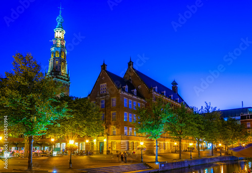 Night view of town hall in Leiden, Netherlands photo