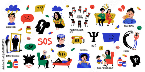 Psychology. Big Set of hand drawn icons on white background. Psychology, brain and mental health vector icons set. Doodle style flat vector illustration