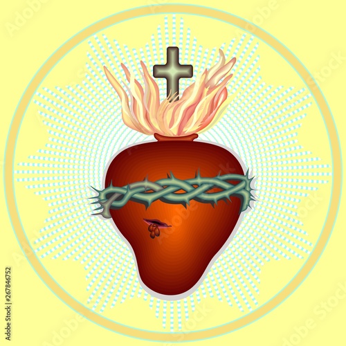 Sacred Heart of Jesus, symbol of heart wound around with thorns, with emerging flames and cross