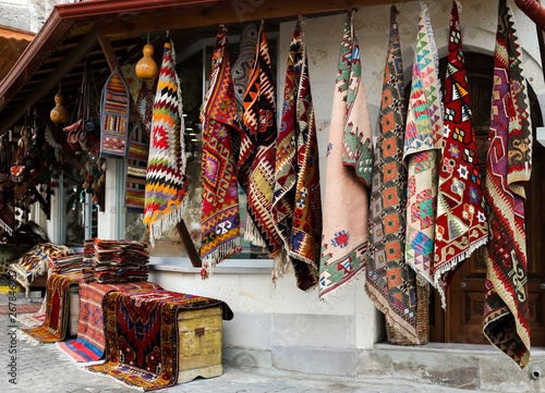 Turkish handmade traditional carpet store, bazaar, market. Asian ornaments. Oriental gifts and souvenirs. Travel experiences.
